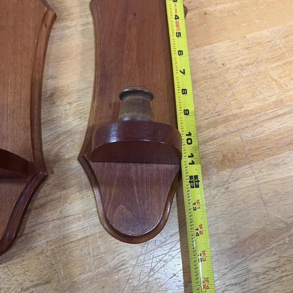 Vtg Pair Wood Wall Sconces Taper Candle Holders Brown Colonial Rustic 14